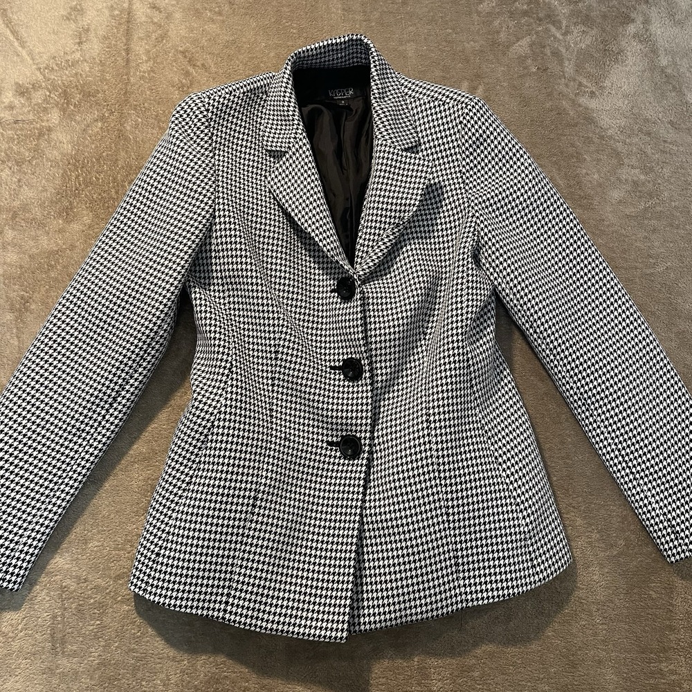 Kasper  Blazer Womens 8 Medium Black White Houndstooth Button Lined Jacket plaid